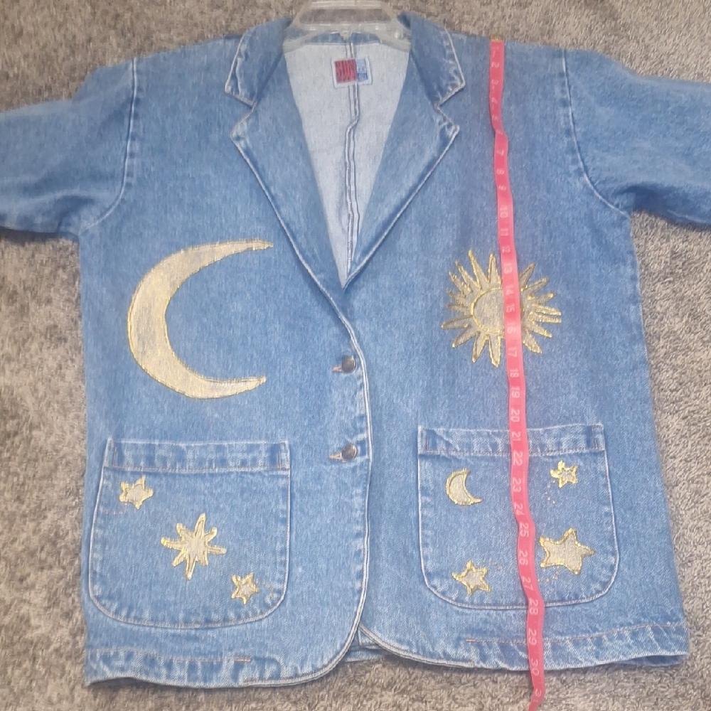 Vintage Sunbelt Denim Jean Jacket -Painted Gold Celestial Design -L- Blue / Gold - Picture 8 of 11